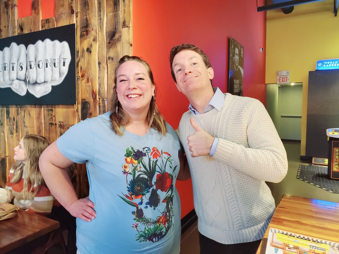 Me and Grady Hendrix. Grady is holding a thumbs-up sign. 